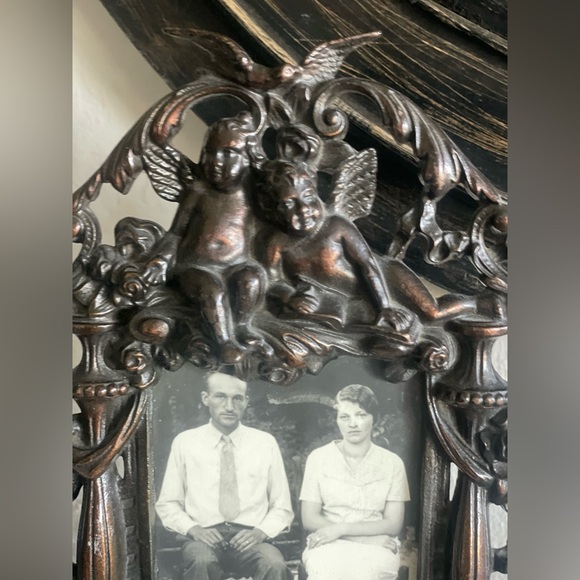 Victorian Ornate Cast Iron Mirror-Antique Cast Iron 14.25" x 9" Cherubs frame - Picture 7 of 7